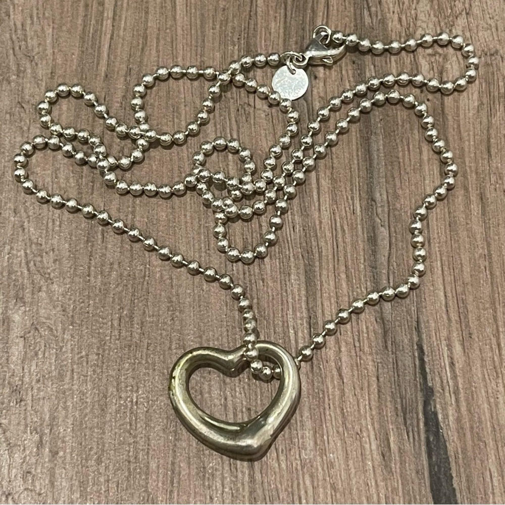 Tiffany & Co 925 Sterling Silver Large Open Heart Bead Ball Chain Necklace 24”